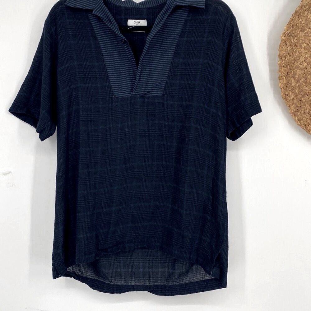 CMMN SWDN Blue Plaid Short Sleeve Shirt Collared Cotton Pullover Lightweight Blu